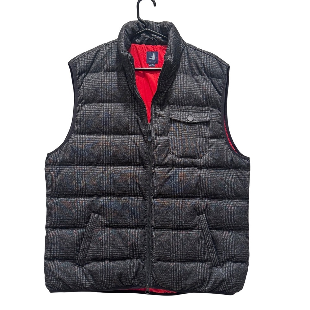 johnnie-O Men's Grey Plaid Golf Quilted Puffer Full Zip Vest Red Lined Size XL